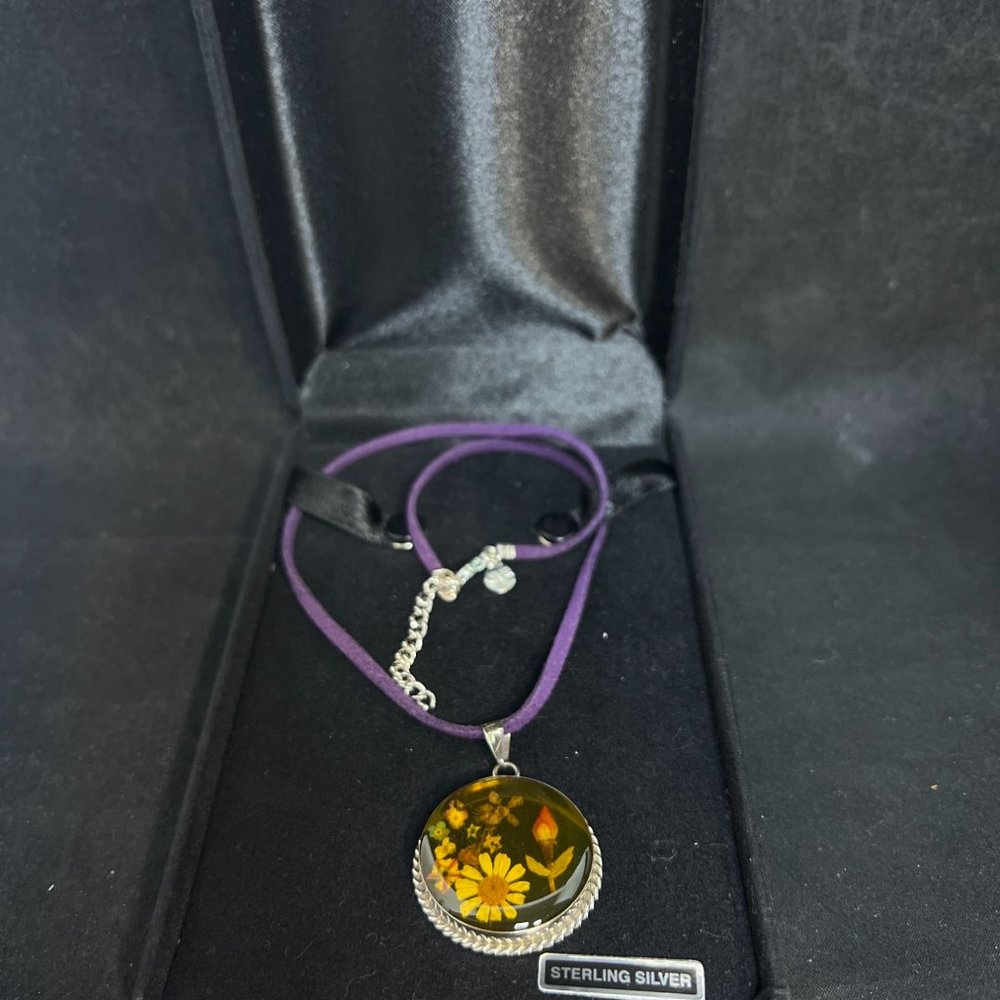 ATL Purple Cord & Sterling Silver Necklace W/ Dried Flower Pendant (4249) - Picture 7 of 8